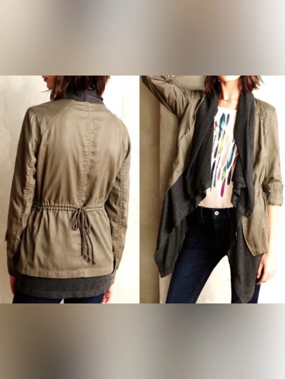 Hei Hei by Anthropologie Olive Green Utility Jacket with Gray Draping - Size L